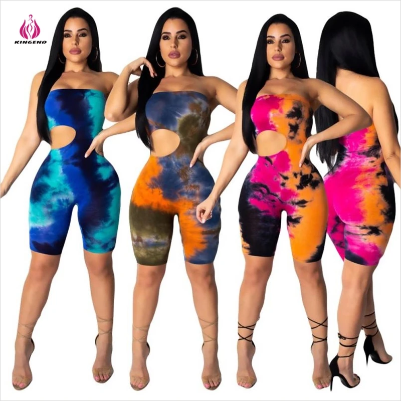 

K1761 Fashion Sleeveless Hollow Tie Dye Strapless Bodycon Jumpsuit For Woman