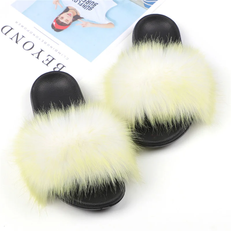 

Hot Sale Custom Logo Faux Fox Fur Slippers Wholesale Soft Shoe Solid Mixed Color fur Slipper Slides, As picture