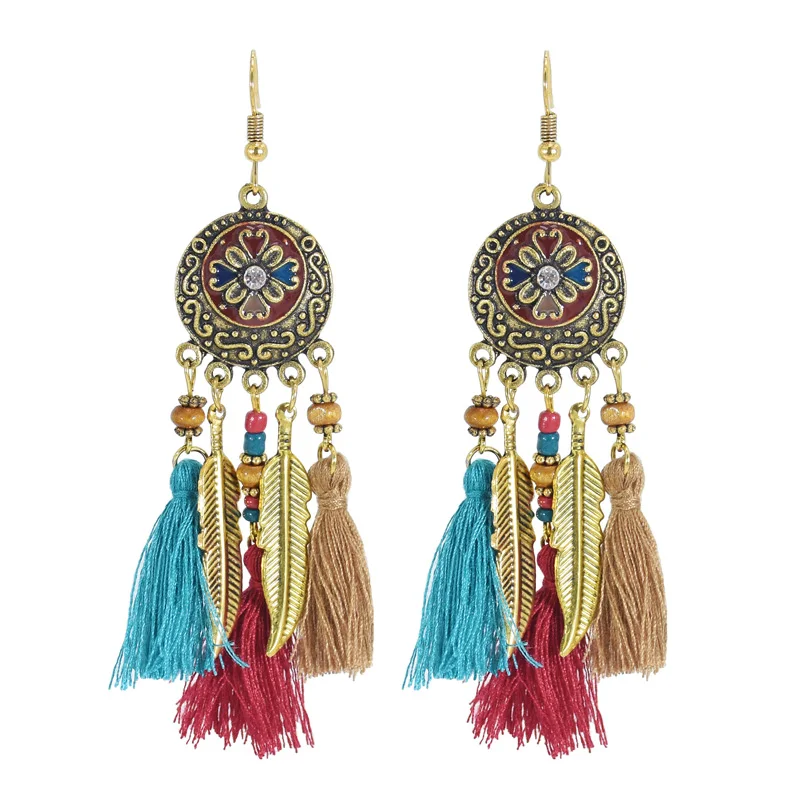

Bohemian Vintage Long Feather Resin Beaded Dangling Earrings Handmade Tassel Earrings Party Jewelry, White,red,pink,blue,dark blue,colorful
