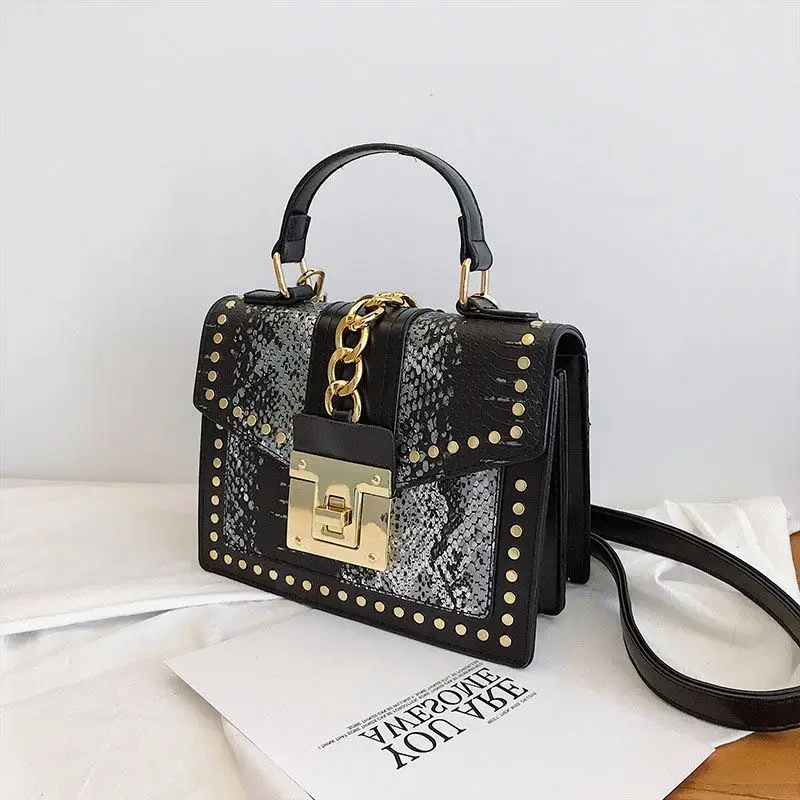 

l191123 Hot designer lock women luxury handbag snakeskin leather tote mini purses with rivet, 7 colors