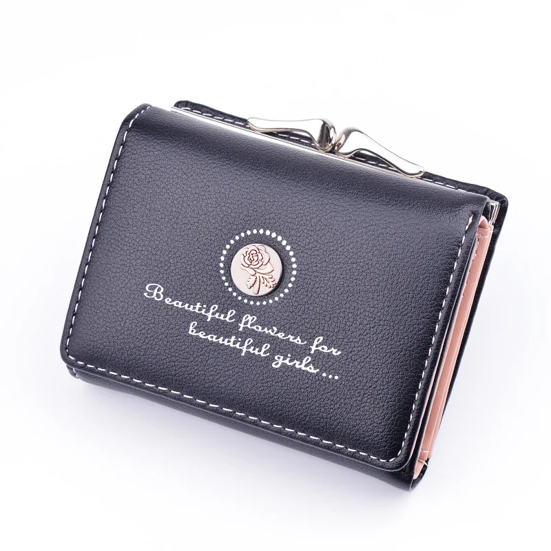 

Simple Women Fashion Retro Style Flower Short Style Female Students Three Folding PU Wallet Clip Mini Small Purse