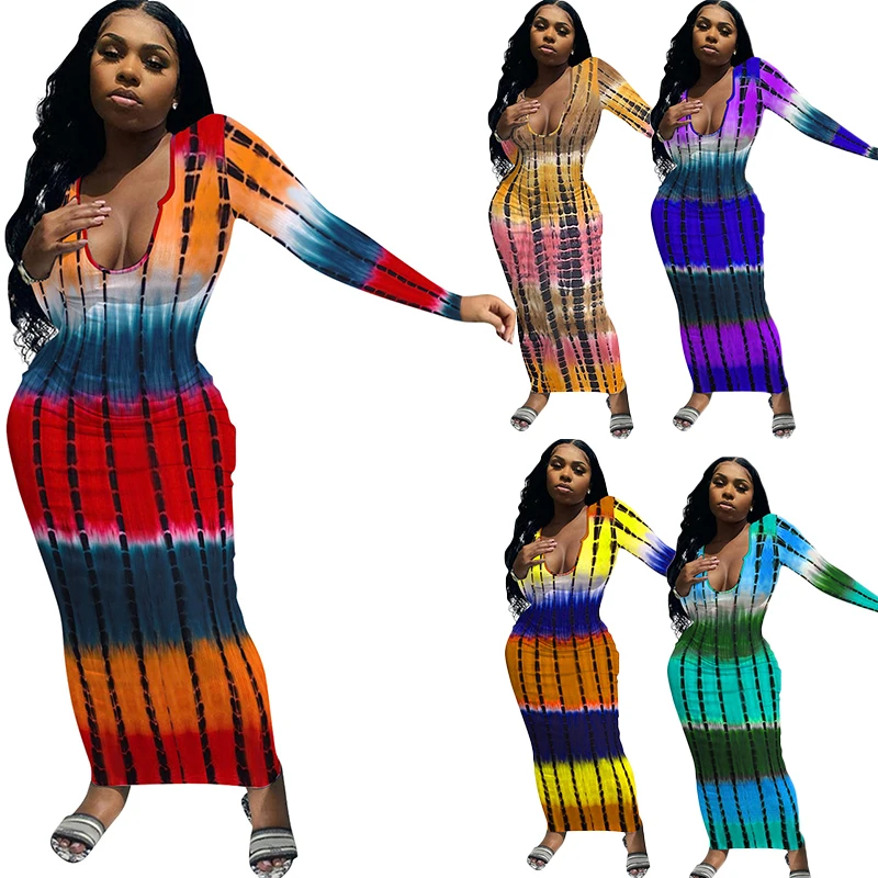 

Fall 2021 Women Clothes Clothing For Women Tight Dress Long Sleeve Tie Dye U Neck Casual Dresses Maxi Dress