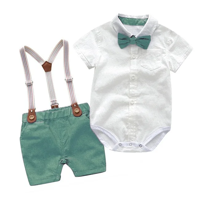 

Baby Boy Clothes Summer Gentleman Birthday Suits Newborn Party Dress Soft Cotton Solid Rmper + Belt Pants Infant Toddler Set