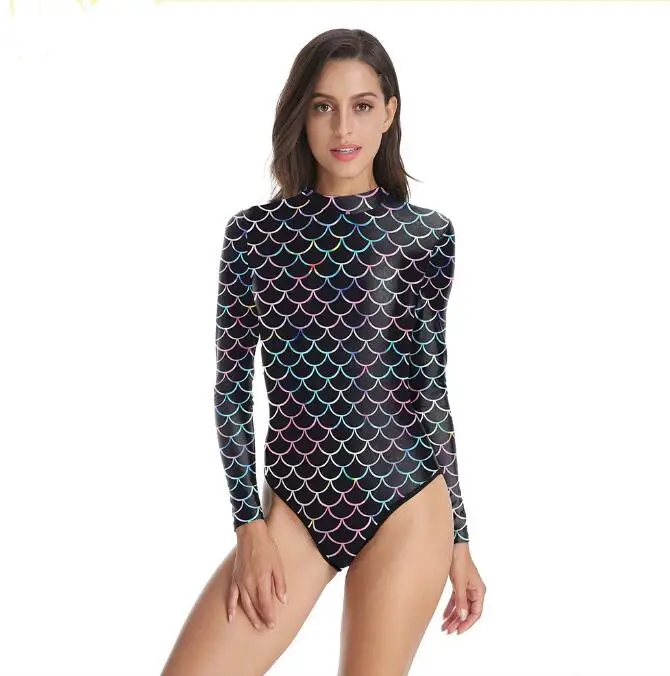 

Womens Long Sleeve Rash Guard UV UPF 50+ Sun Protection Printed Zipper Surfing One Piece Swimsuit Bathing Suit, Picture showed