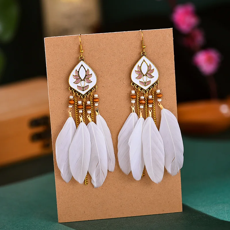 

Bohemian Ethnic Long White Feather Drop Earrings Vintage Lotus Flower Plumage Pendant Earrings For Women