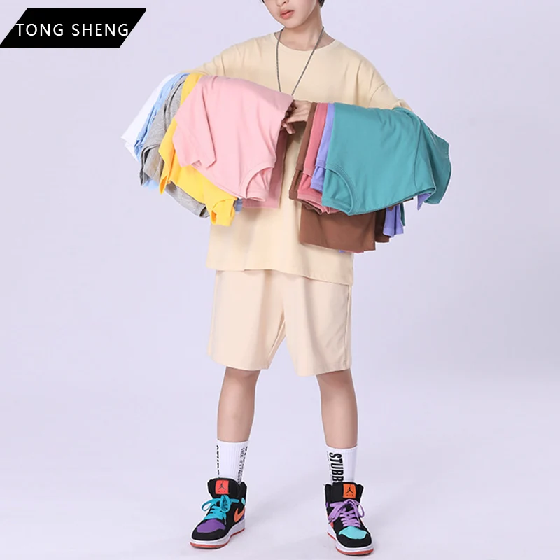 

100% Cotton Plus Taille Drop Shoulder Plain Boys T-Shirts Two-Piece Suit, Customized color