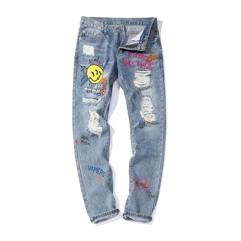 

Mandy's European and American casual hip-hop men personality ripped smiley print graffiti denim jeans men trousers, Customized color