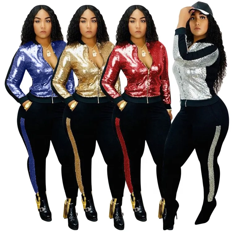 

Sequin Glitter Long Sleeve Pants Sweatsuit Tracksuit Joggers Two Piece Set Women Clothing, Blue / golden / red / silver