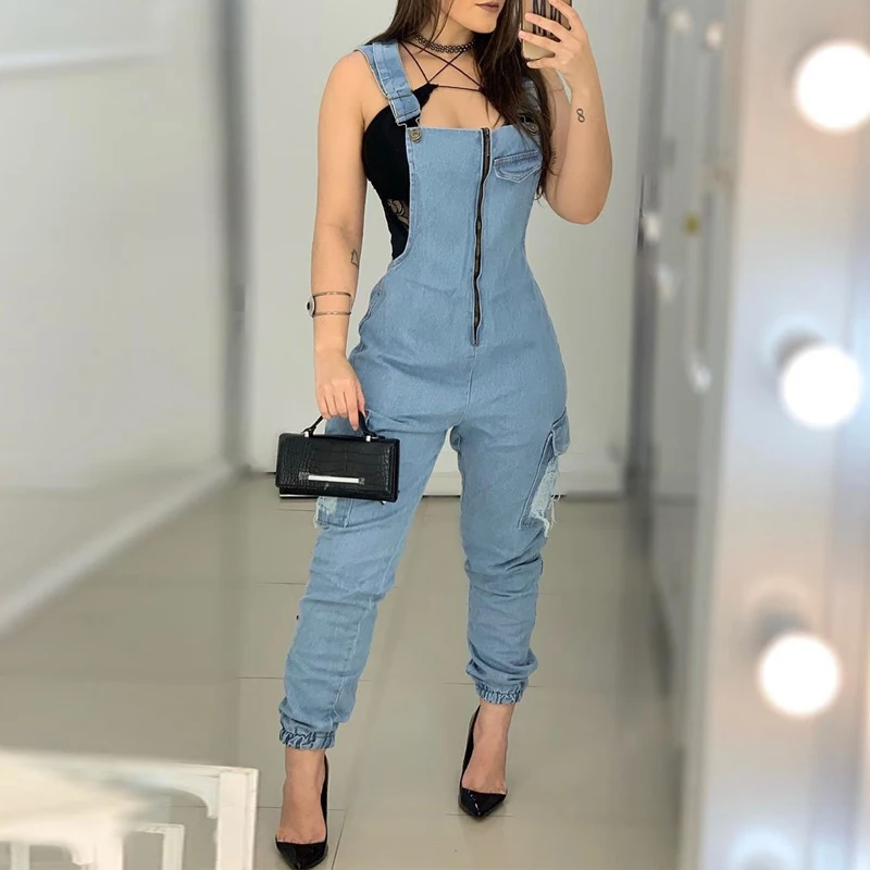 

YSK2792 Denim Zip Front Suspender Jeans jumpsuit