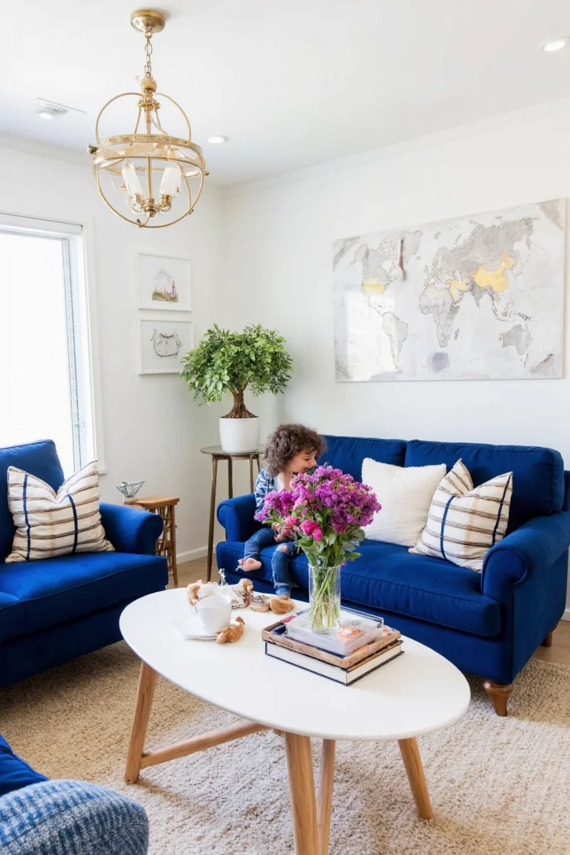 Navy blue curtains with gold rings against white walls