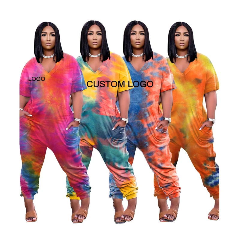 

Free shipping Plus size women tie dyed clothing wholesale ladies long jumpsuit women with pocket 5xl, Customized color