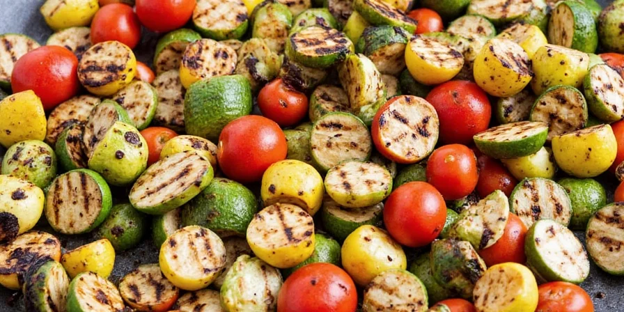 Charred zucchini slices on a wooden board