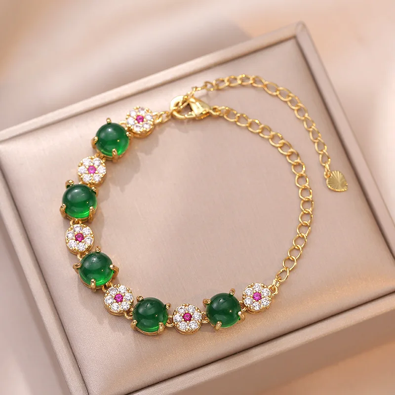 

High Quality Fashion Jewelry Retro Luxury Emerald Zircon Gold Plated Bracelet Female