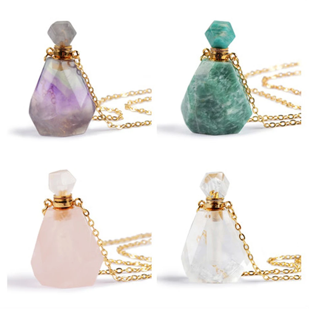 

WX1170N Fashion women essential oil Natural Amethyst gemstone crystal vial perfume bottle crystal necklace