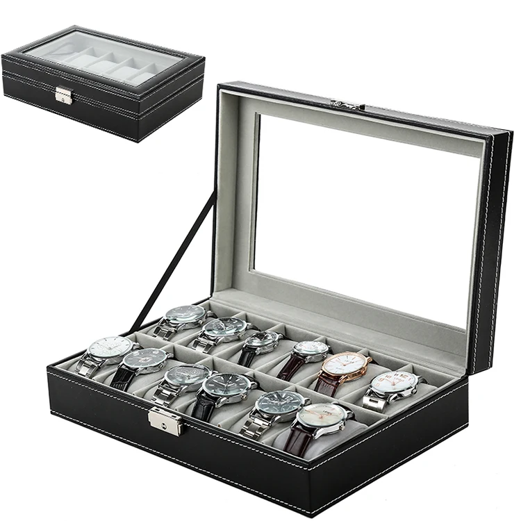 

Factory sale watch storage display organizer wood packaging gift box for 12 slots of watches with clear window