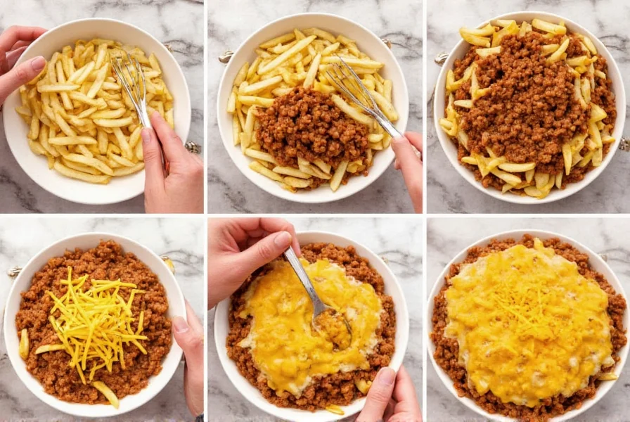 Step-by-step preparation of homemade chili fries showing crispy fries topped with rich meat chili and melted cheddar cheese