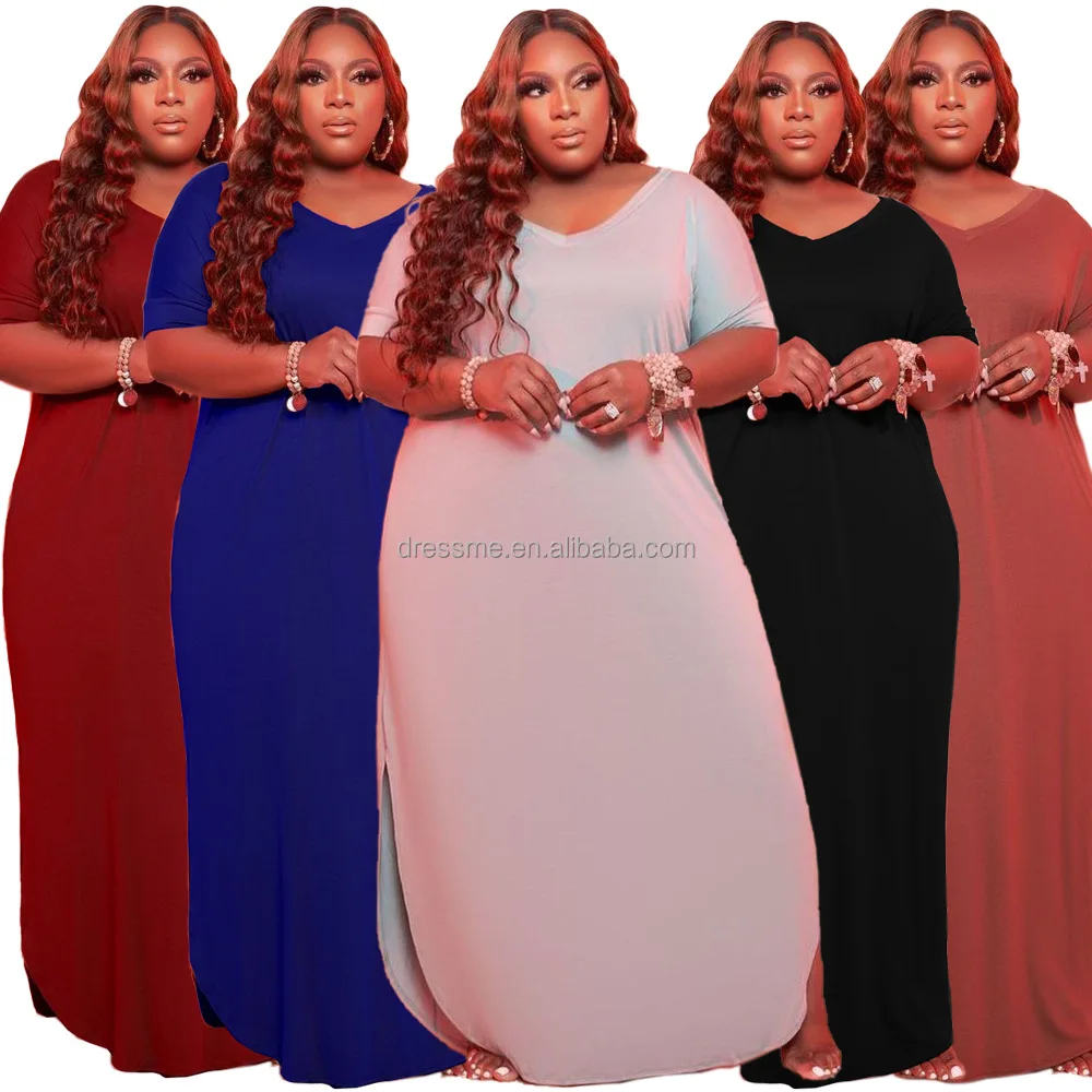 

MT93-00019 women's clothing trend solid color plus size dress casual loose slit long maxi dress plus size women clothing