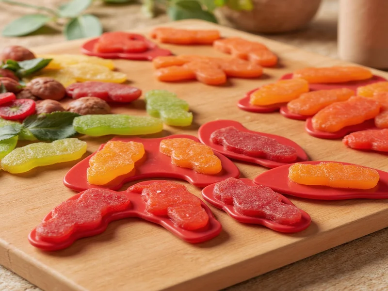 Colorful homemade gummies in bear-shaped molds on wooden table