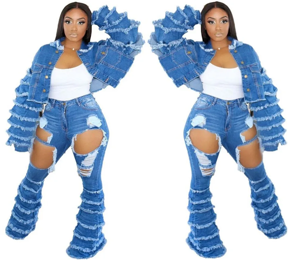 

2020 Fashion streetwear custom women flare pants ripped bell bottom denim jeans women, Customized color