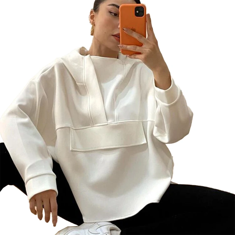 

New Fashion Custom Big Pocket Design Solid Color Loose Casual Sweatshirt Tops Pullover Girls White Hoodie