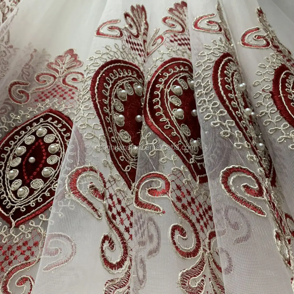 red and white curtain fabric