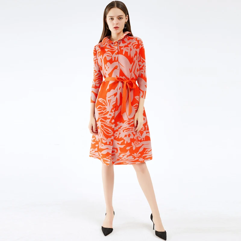 

In stock fast delivery summer plus size 2021 Miyake pleated skirt single-breasted loose large-size tight print dress