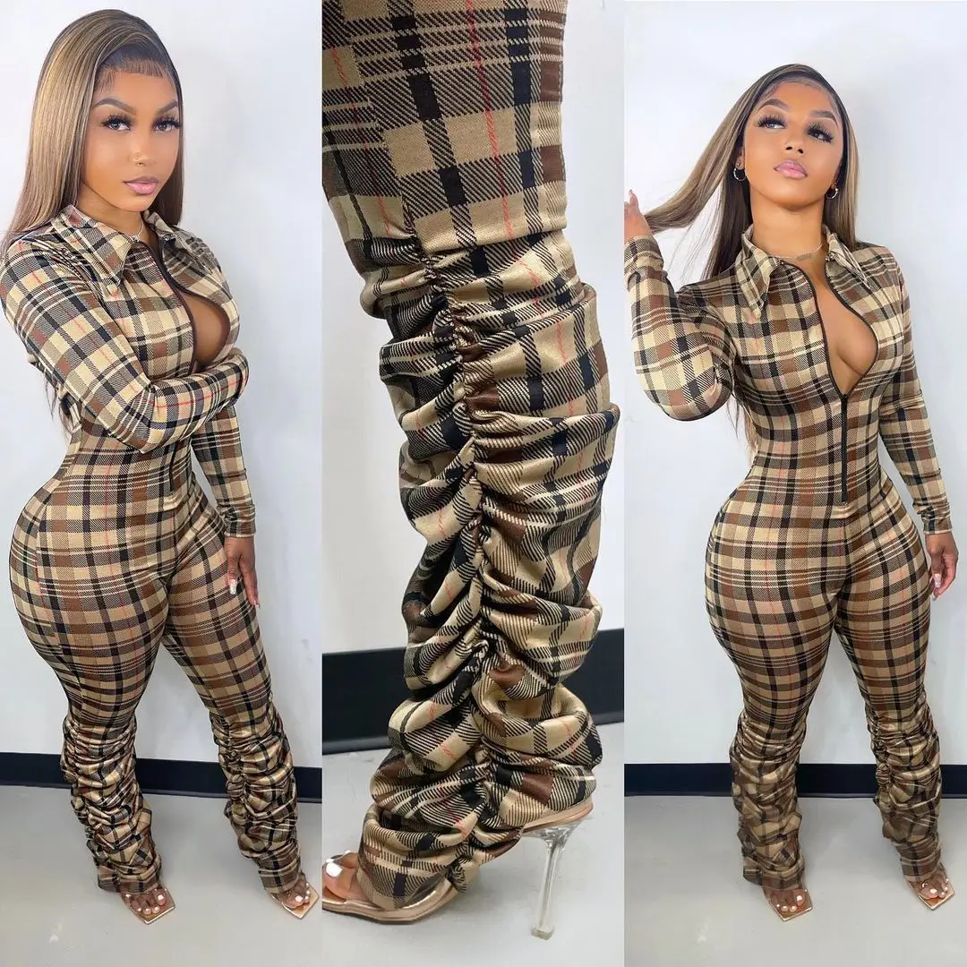 

TG 2022 summer sexy printed long sleeve Check Print Slim Fit Crinkled Zip Jumpsuit club wear sexy ladies jumpsuit