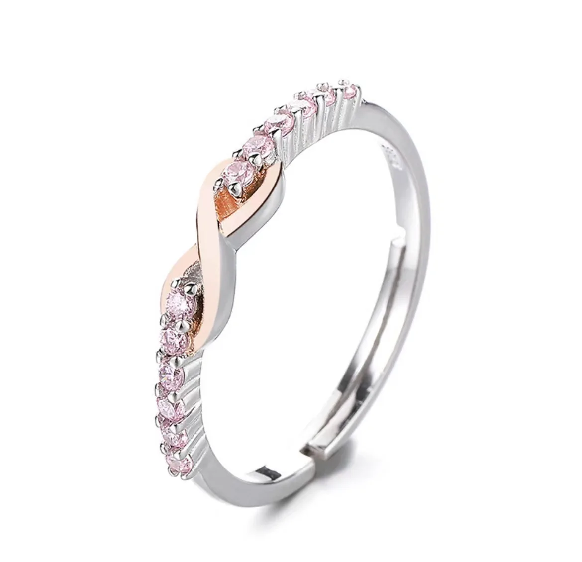 

925 Sterling Silver Ring Lucky 8-line Pink Diamond Set with Zircon Simple Fashion Silver Ring Wholesale