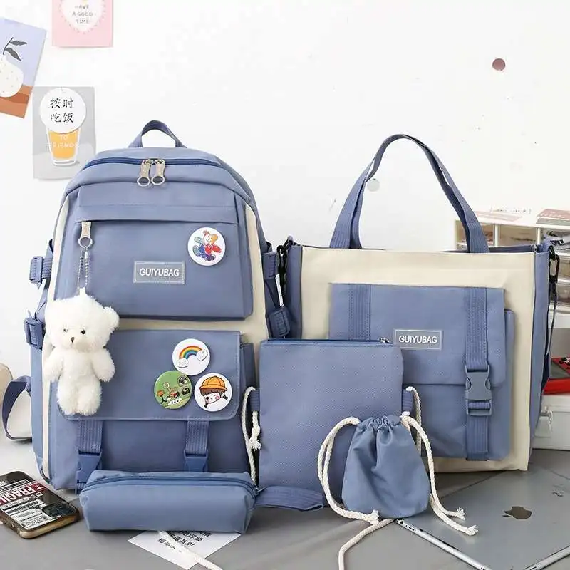 

fashion large capacity 5 in 1 oxford backpack school bags set sweet cute letter teenager book school bag backpack for girls, Black, blue, purple, pink
