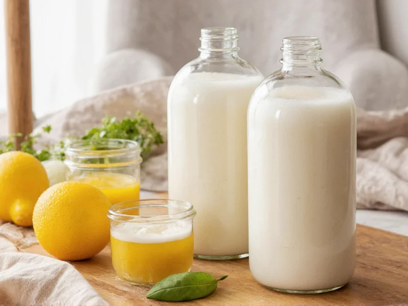 Homemade conditioner ingredients in glass jars on wooden table