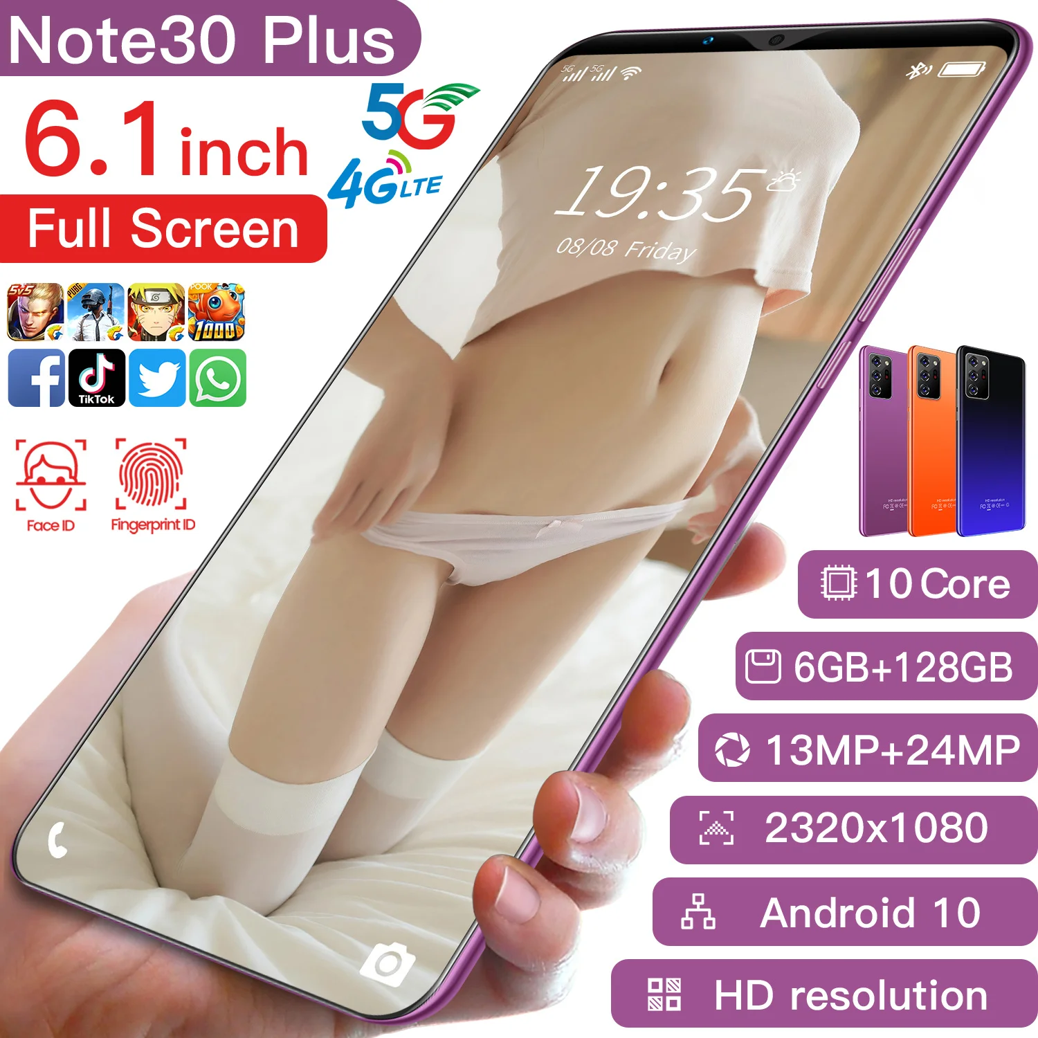 

New Arrival Note30 Plus Mobile Phone 4G 5G LTE Beauty Camera 13+24MP 6.1 Inch Big Screen 4800mah Long Stanby Smart Cellphone