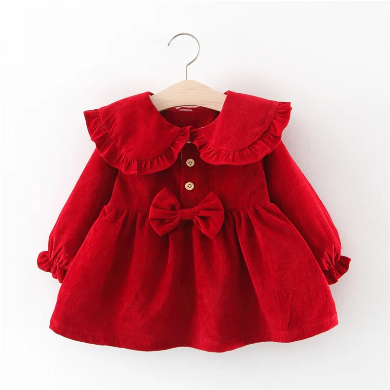 

baby girl Autumn solid color cherry print bow dress