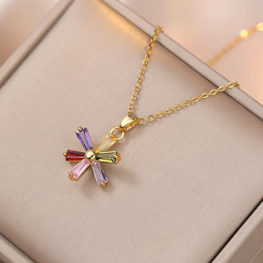 

Trendy Colorful Zircon Snowflake Gold Plated Dainty Stainless Steel Necklace Jewelry For Women