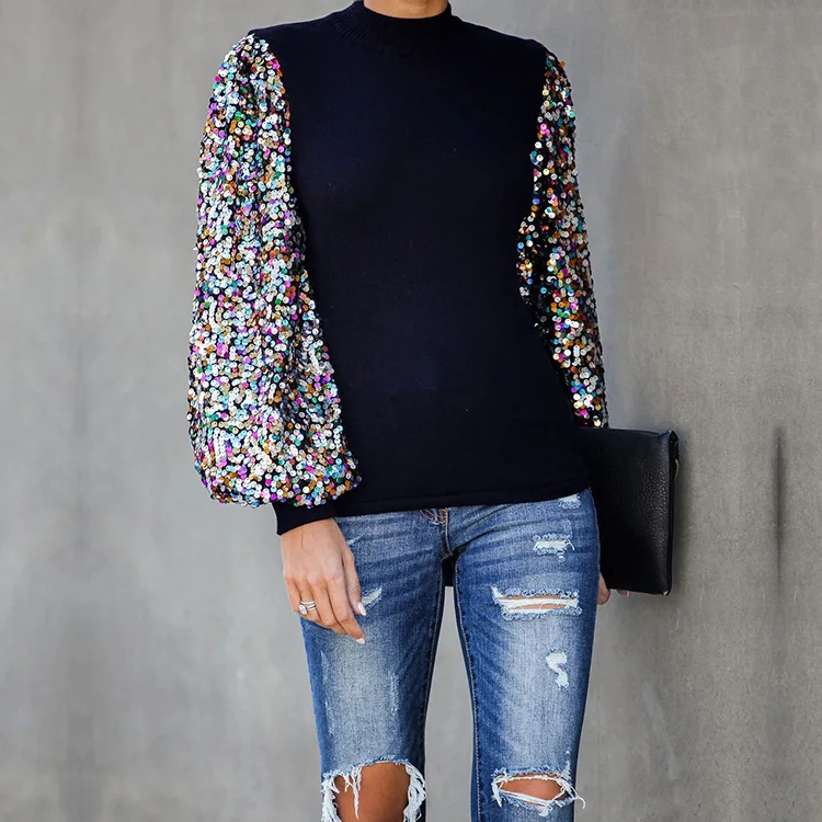 Womens Puff Long Sleeve Sequin Tops Blouse Ladies Casual Loose Sweater Pullover Sequin Lantern Sleeve Top