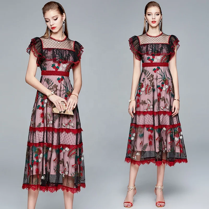 

Spot sale 2021 new fashion French long skirt waist waist women's fashion retro mesh dress, Pink