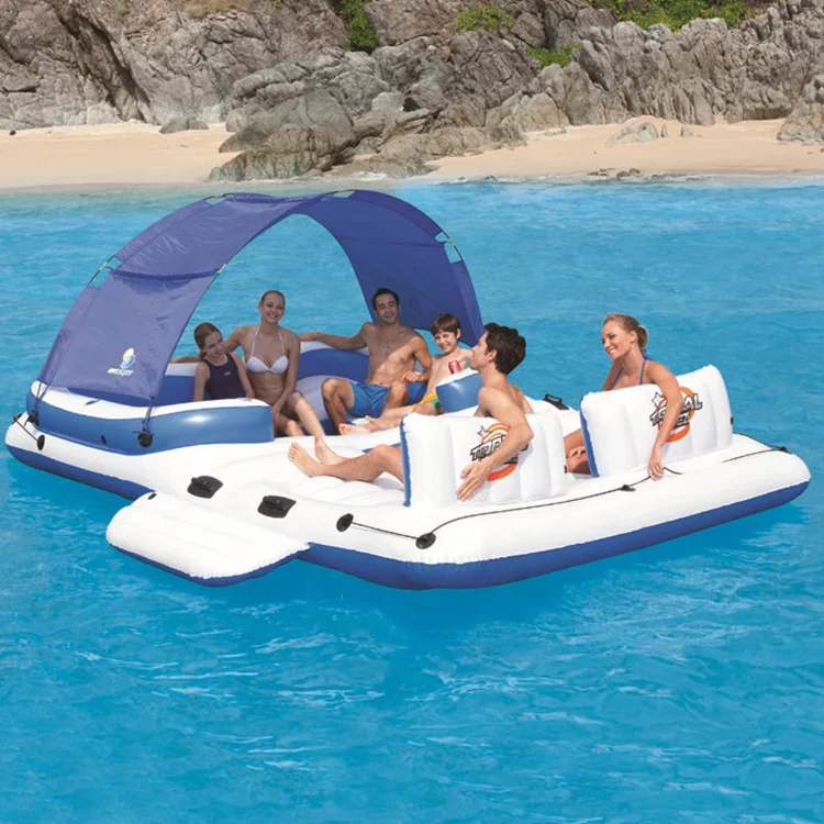 

6 or 8 Person Inflatable Places Lake Pool River Floating Island or Raft with Canopy, White/blue