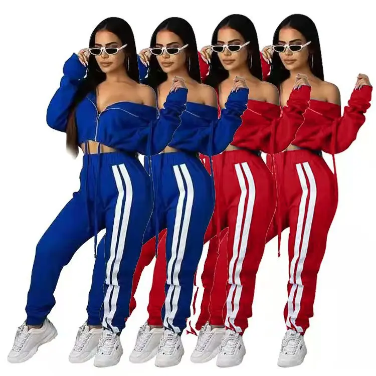 

PDEP hot sale casual plus size autumn stripe tracksuit 2 pieces set zipper hoodies sweatsuit women modriff gym loose pants set, Red,blue