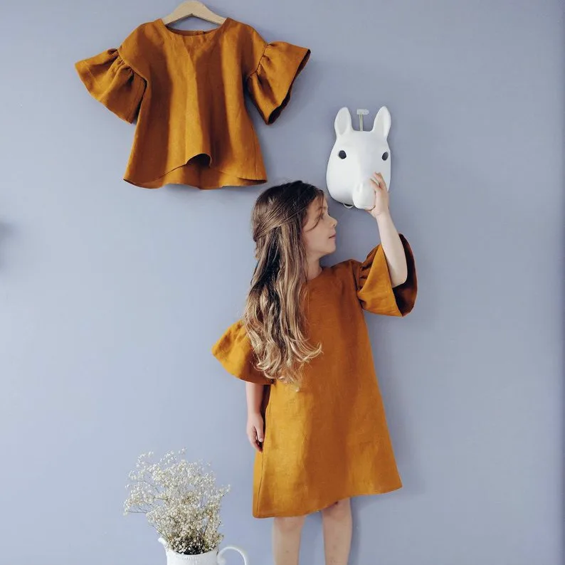 

New arrives little girl dress big sleeve solid color frocks loose design comfortable soft dresses, Customized