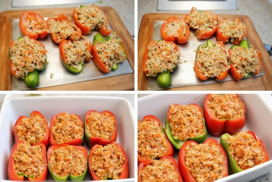 Step-by-step preparation of stuffed bell peppers with rice filling arranged in baking dish