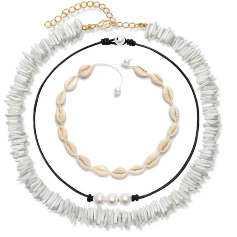 

Mixed 3 Strands Puka Chip Shell Pearl Choker Jewelry Hawaii Beach Cowrie Seashell Choker Necklace Set For Women Men, Gold