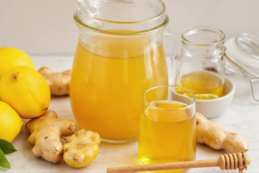 Glass jar filled with ginger tea concentrate next to fresh lemons and honey