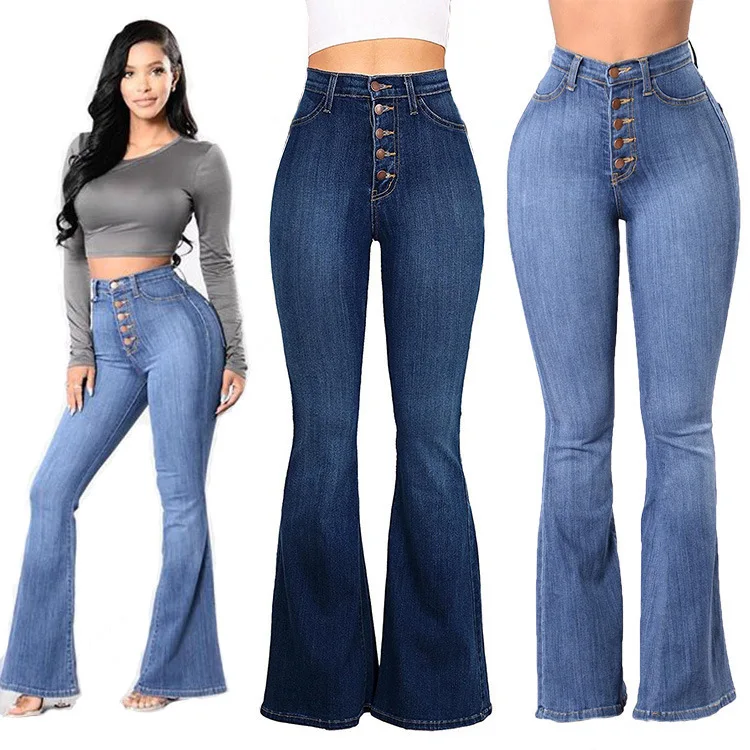 

Women Blue Flare Skinny Plus Size Jeans Femmes High Waist Buttons Full Length Casual Baggy Jeans