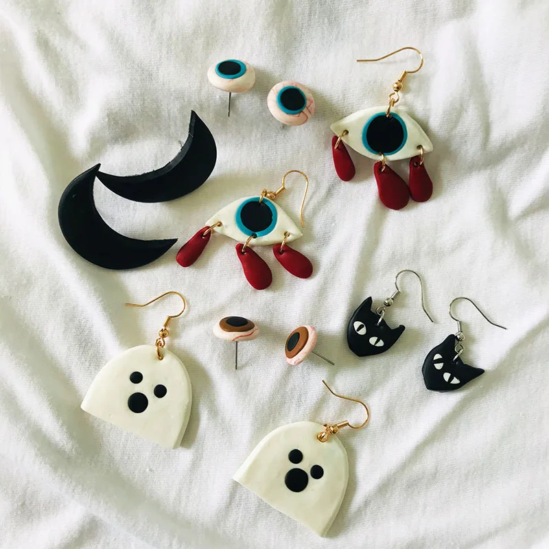 

OUYE Ghost soft clay polymer Halloween earrings cat clay earrings fun student earrings jewelry, Colorful