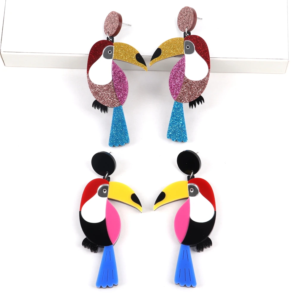 

Exaggerated Big Bird Colorful Splicing Geometric Parrot Fashion Sequin Shiny Animal Drop Acrylic Glitter Earrings for Women