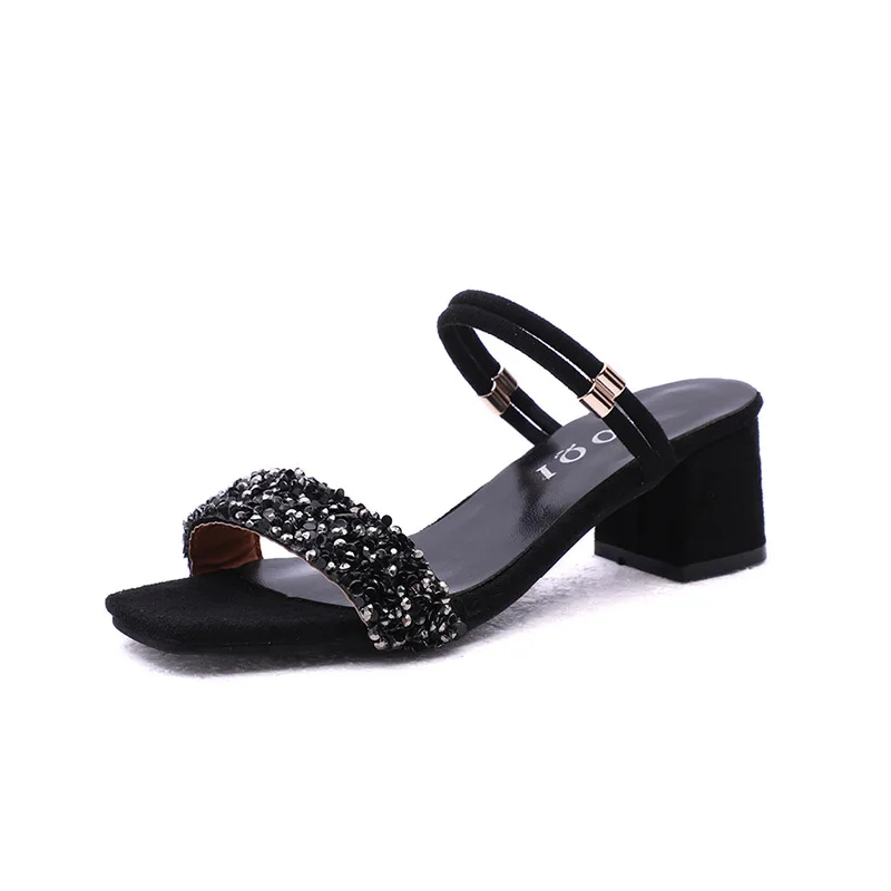 

2022 New Arrival Summer Fashion Ladies Sandals Solid Color Open Toe Rhinestone Ankle Strap Square Heel Women Sandals 2021