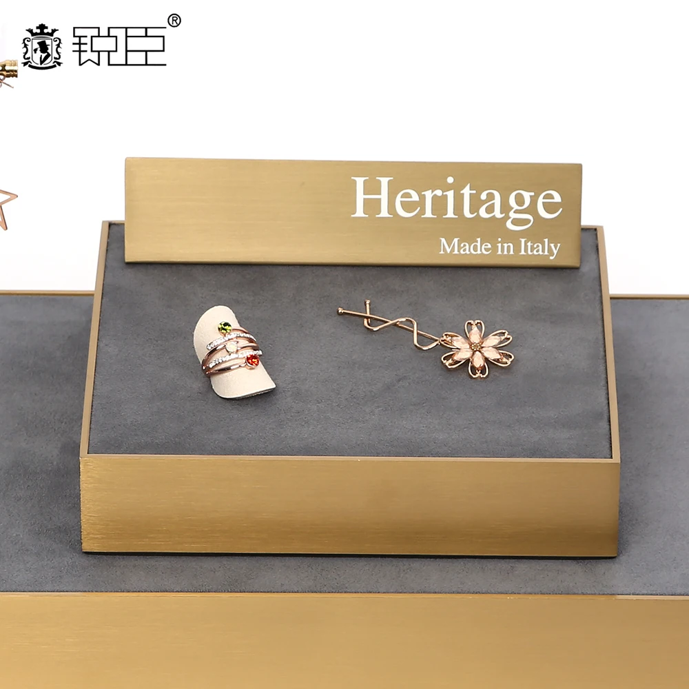 

Custom logo Jewelry Display Tray MDF Wrapped with Velvet Display Tray For Jewelry And Watch Showing Case, Titanium gold + grey