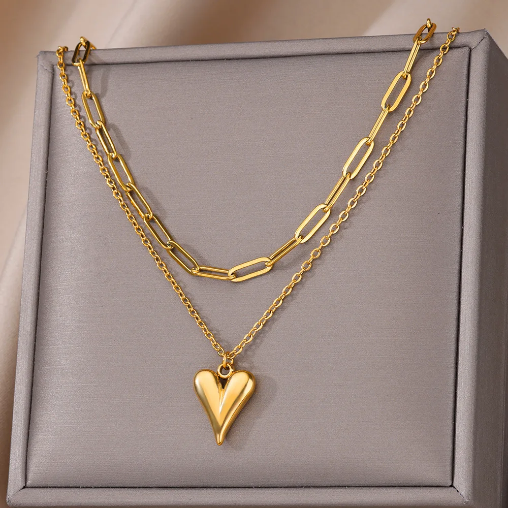 

Lateefah OEM Fashion Women Jewelry 18k Gold Double Chain Heart Necklace