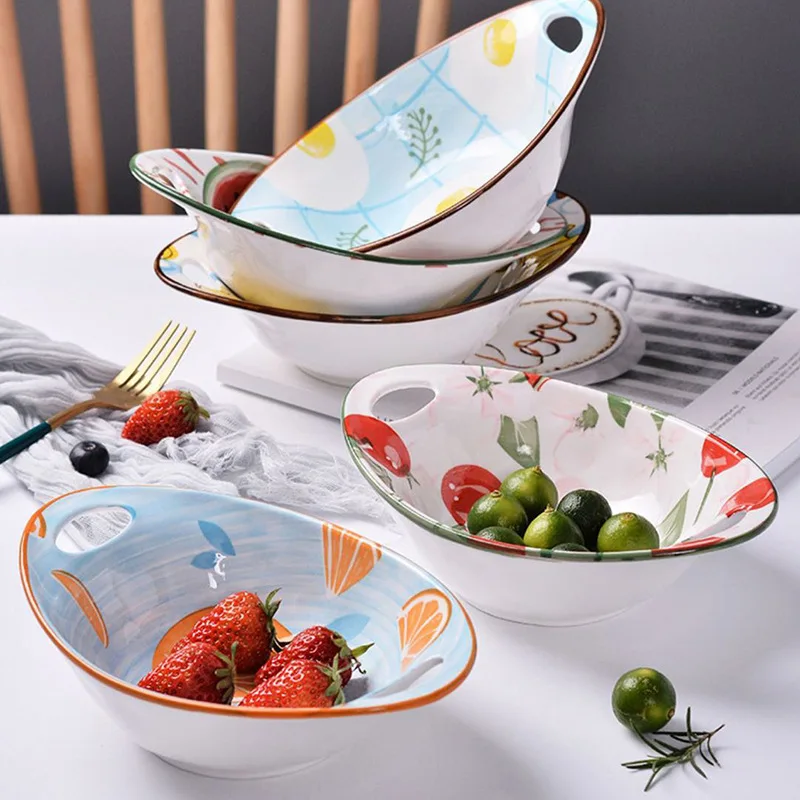 

Ceramic tableware binaural ingot bowl cute fruit salad bowl plate under glaze Korean anti-scalding bowl, Multicolor