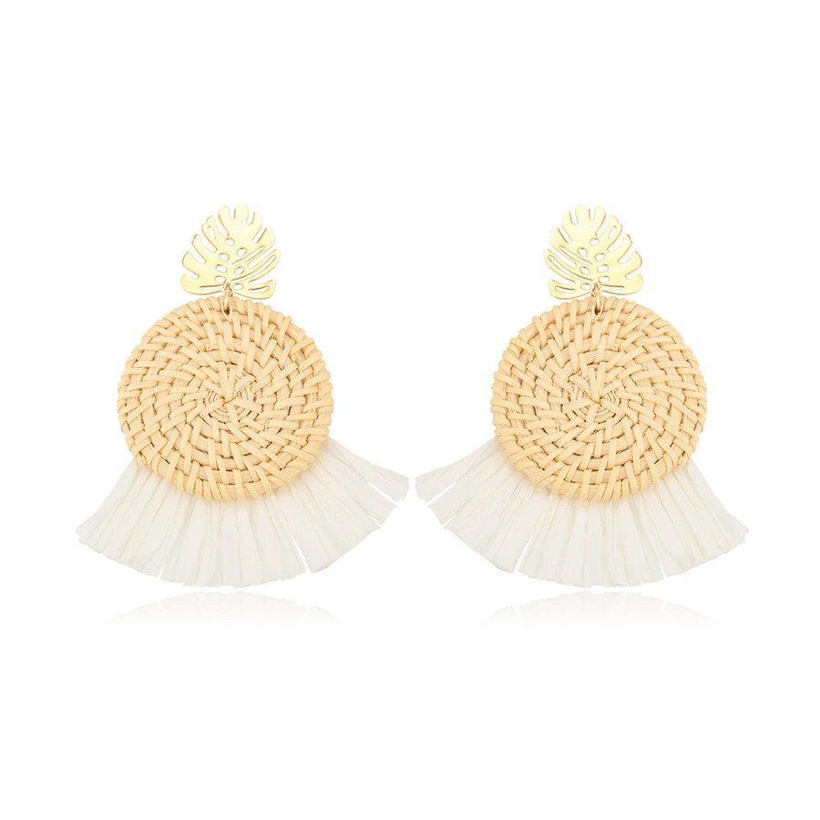 

99596 Xuping gold plated women boho jewelry leaf design tassel straw wicker braid earrings