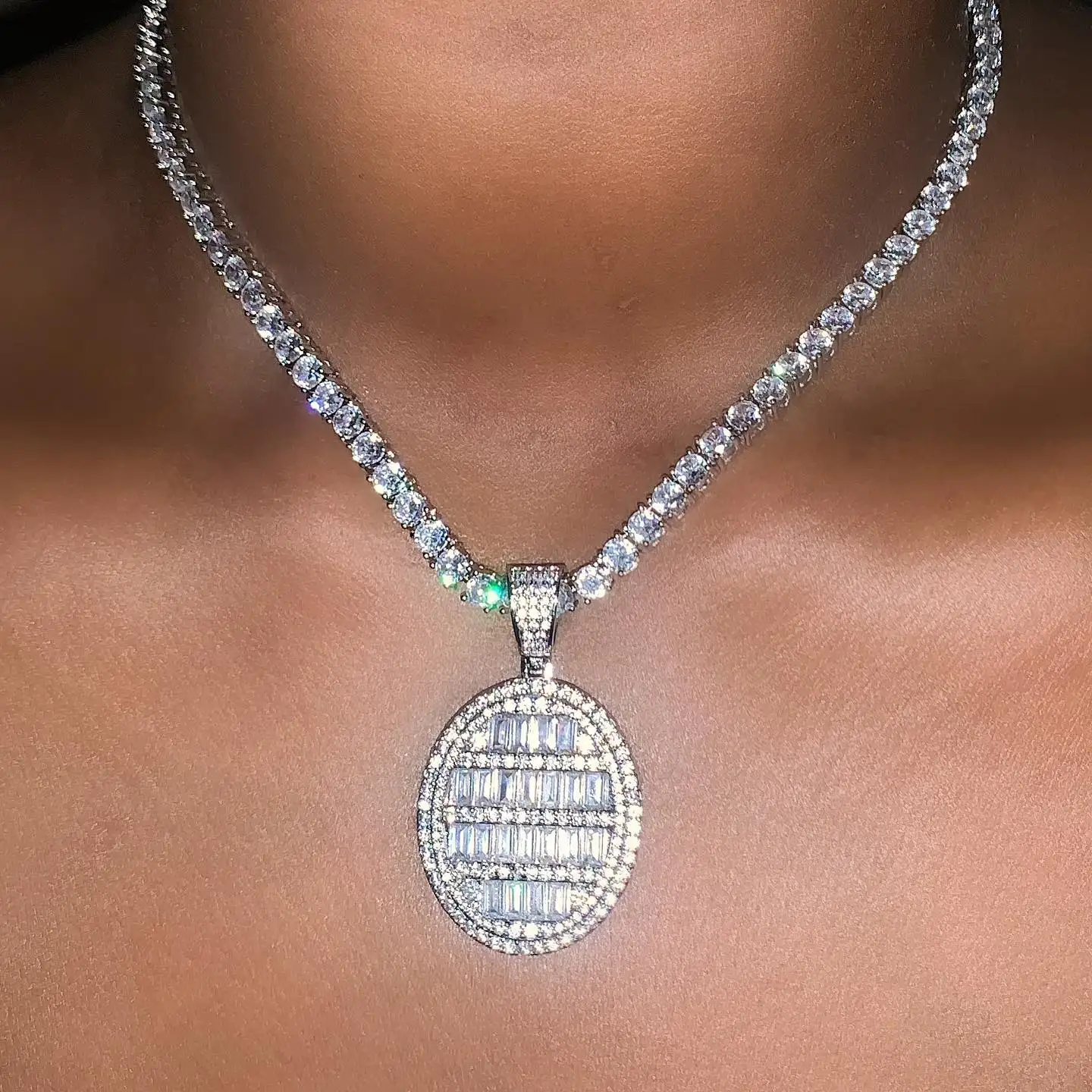

iced out bling hip hop women girl jewelry 5A cz tennis chain oval tag ice women necklace, Silver